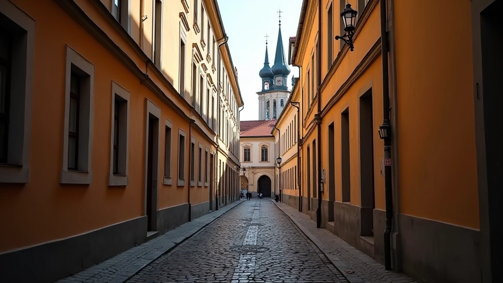 Vilniaus gatve su senoviniais namais ir bažnyčios kryžiumi