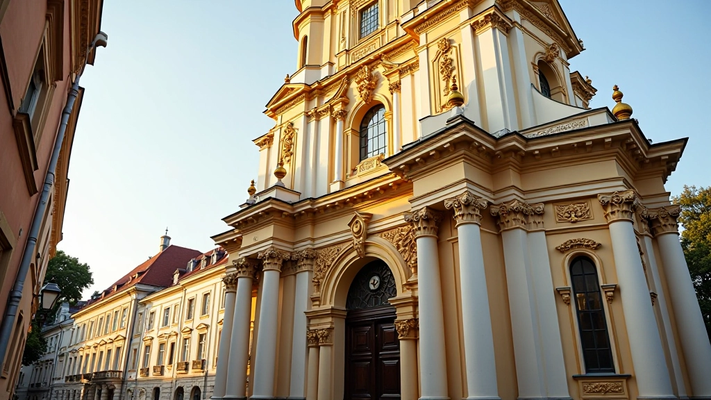 Vilniaus presidiomanagement bažnyčios fasadas su detaliais ornamentais ir auksine spalva